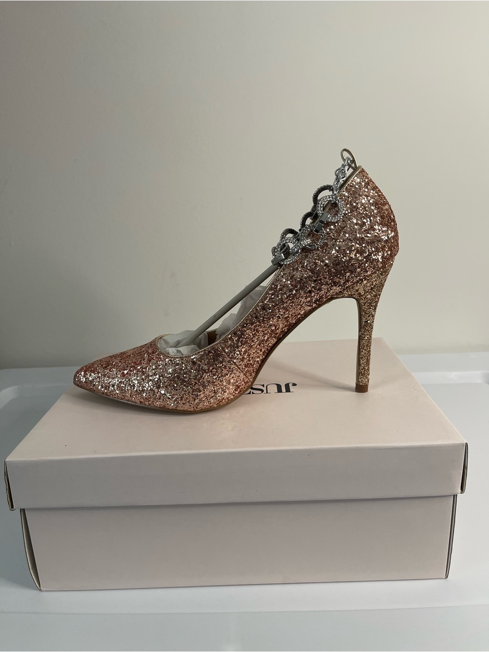 JustFab Rose Gold Glitter Pointed Toe Stiletto Pump